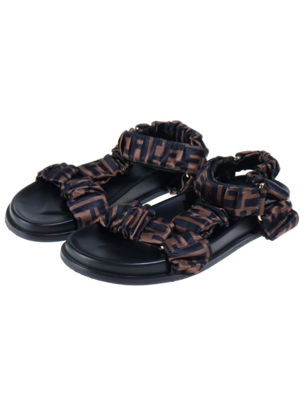 Fendi Zucca Sandals FF Pattern Black Brown Satin Leather